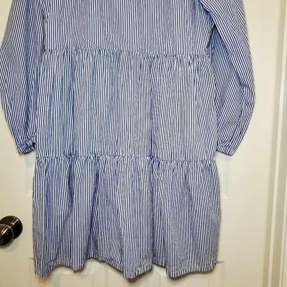 J.crew Tiered Popover In Blue Striped Cotton Notched V-neck Dress M - Picture 9 of 14